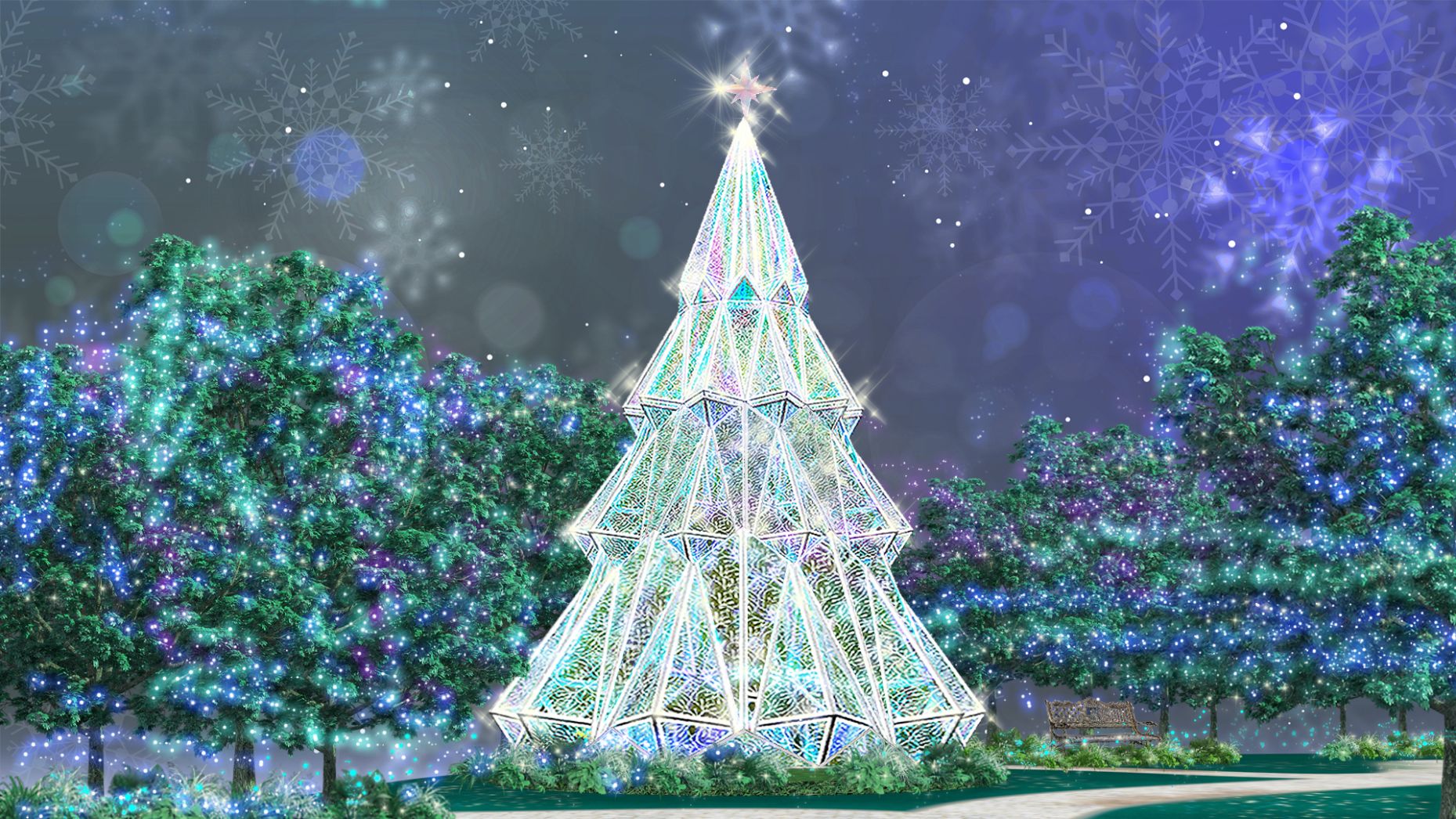 以幸福閃光碎片打造成的6米高「極光炫彩玻璃聖誕樹」，燈光折射出幻彩光影效果.jpg