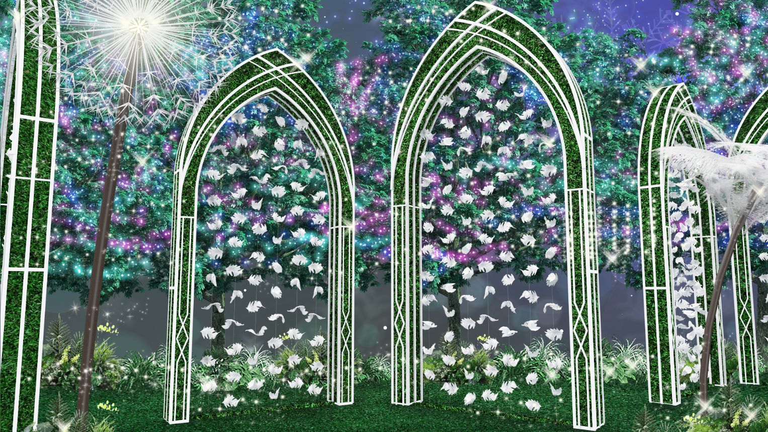 「花語迷宮」以典雅拱門設計，配以數百花瓣吊飾作點綴，打造出浪漫又唯美的奇想世界.jpg