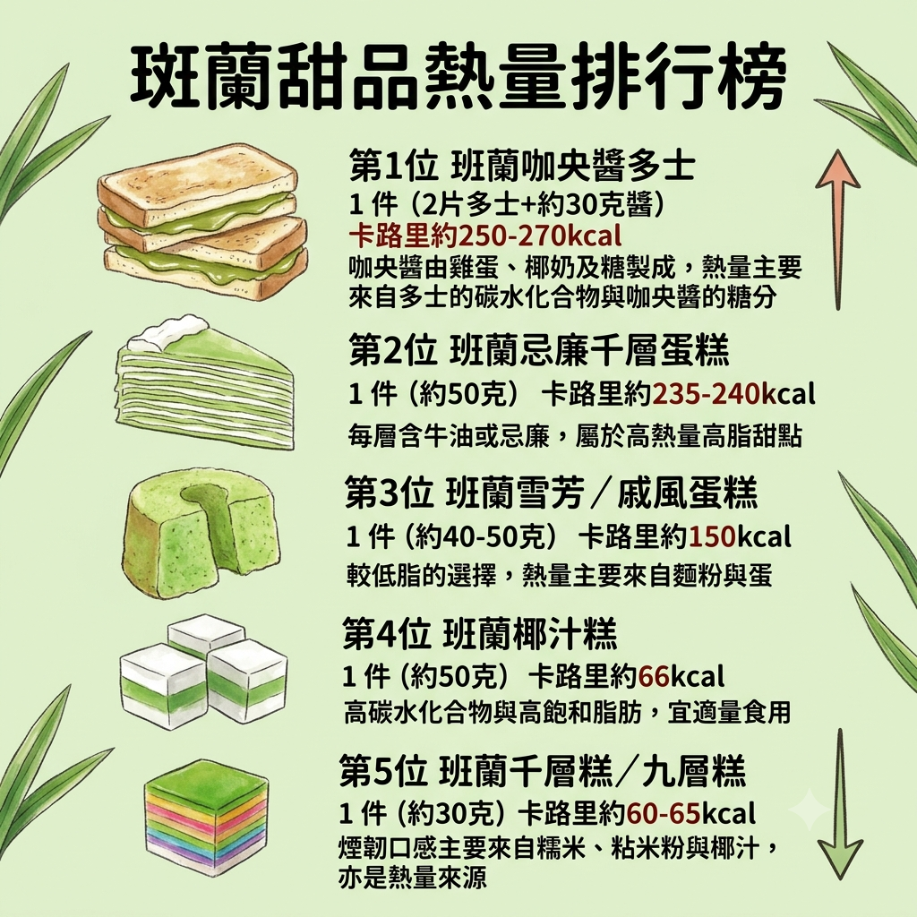 身心有營飲食法則-5款班蘭甜品熱量排行榜-椰汁糕-千層糕-戚風蛋糕-咖央多士