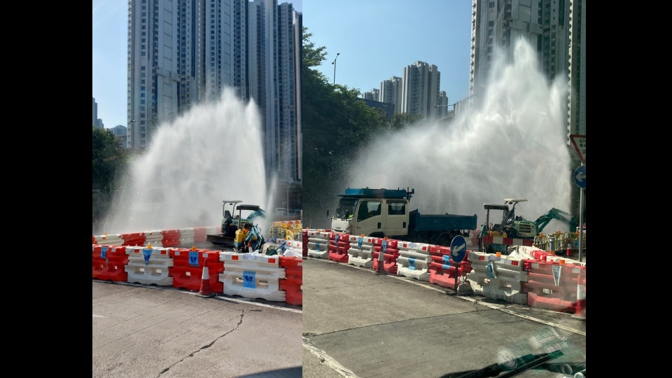 荃灣工地爆水管水柱高達八米-途經車輛-免費洗車