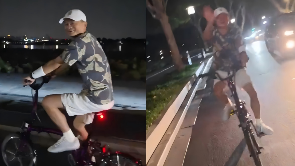 有片-馬雲西湖夜騎被-捕獲--與網友微笑打招呼稱-天氣涼快