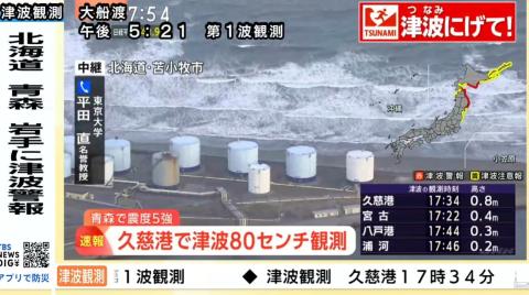有片--日本多地發布海嘯警報-北海道岩手最高3米-專家指遇漲潮風險倍增
