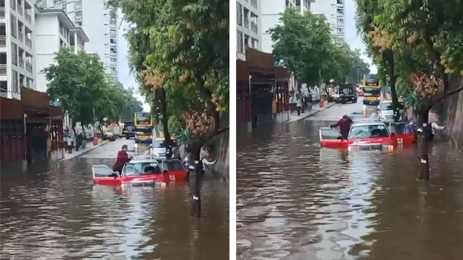 有片｜黃雨筲箕灣阿公岩道路陷水浸　的士被淹浸司機一度受困