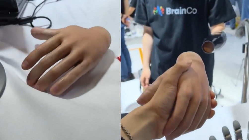 有片-中國企業BrainCo仿生手亮相WAIC-支持離體操控-觀眾驚呼難分真假