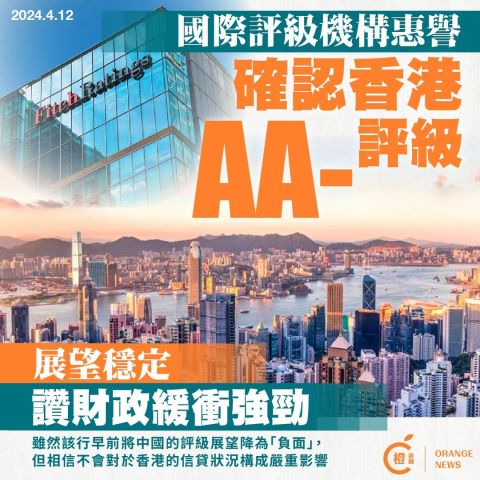 惠譽確認港「AA-」評級前景「穩定」 讚財政緩衝強勁