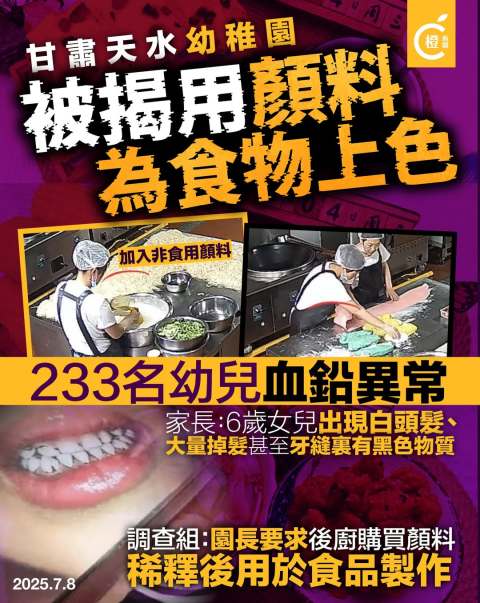 甘肅天水幼稚園違規用顏料繪製食品　233名幼兒血鉛異常8人被拘